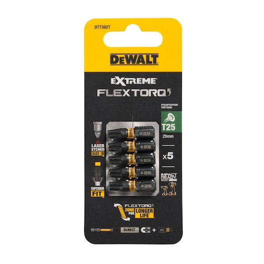 Package of DEWALT Extreme FlexTorq T25 25mm impact driver bits, five pieces, in black and yellow packaging. The package highlights features such as laser-etched size identification and longer bit life.