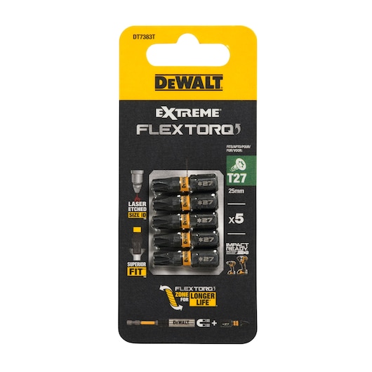 DEWALT DT7383T Extreme FlexTorq T27 25mm impact screwdriver bits pack of 5 in branded packaging.