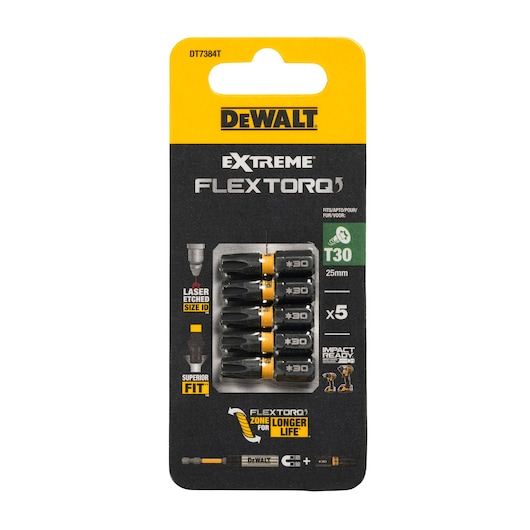 DEWALT DT7384T Extreme FlexTorq T30, 25mm impact driver bits, pack of 5, product in retail packaging.