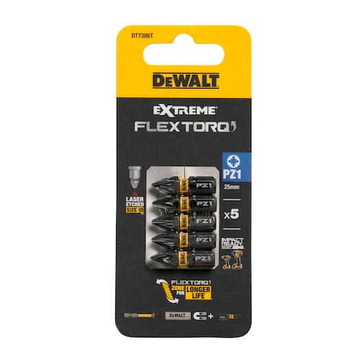 DEWALT DT7386T Extreme FlexTorq PZ1 25mm impact screwdriver bits, pack of 5.