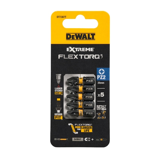 DEWALT Extreme FlexTorq PZ2 25mm screwdriver bits pack with five impact-ready bits.