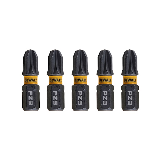 Five DEWALT PZ3 screwdriver bits are lined up vertically against a white background.