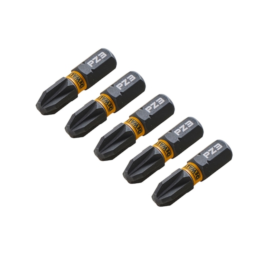 Five DEWALT PZ3 screwdriver bits angled in a row, black with yellow branding bands, on white background.
