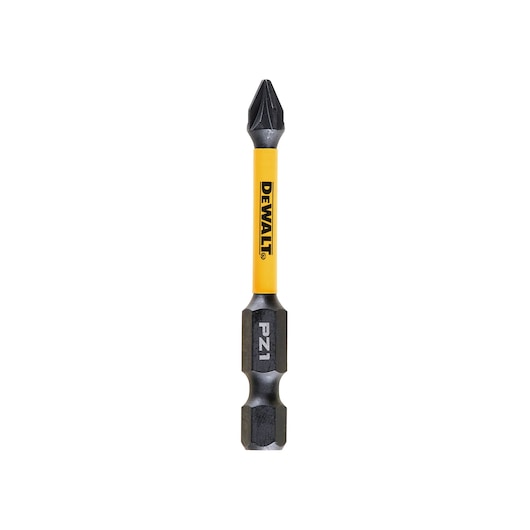 DEWALT PZ1 screwdriver bit with yellow shaft and hex base, shown upright against a white background.
