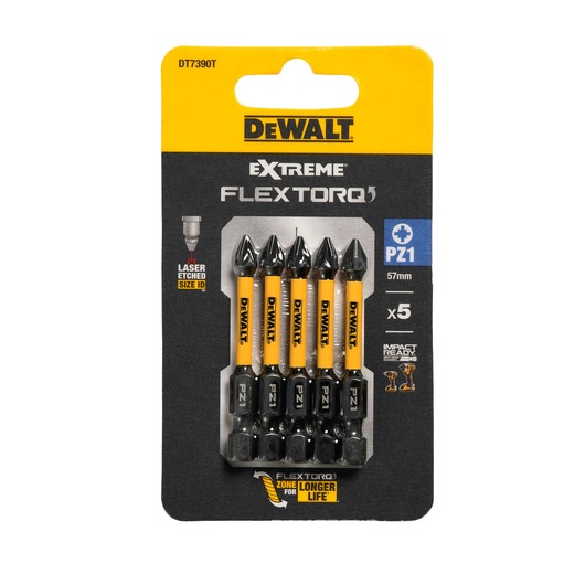DEWALT DT7390T Extreme FlexTorq PZ1 screwdriver bit set, pack of 5, 57mm, impact ready, in retail packaging.