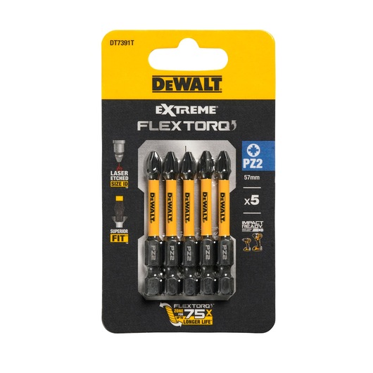 DEWALT Extreme FLEXTORQ PZ2 impact screwdriver bits, 57mm, five pack, black and yellow packaging.