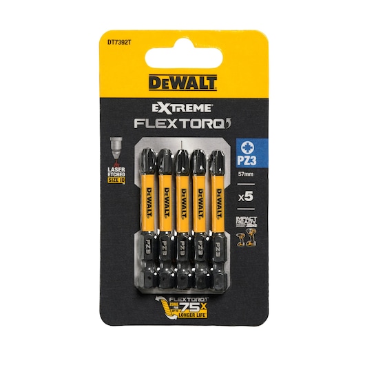DEWALT FlexTorq PZ3 bit set, five 57mm screwdriver bits in retail packaging for impact drivers.