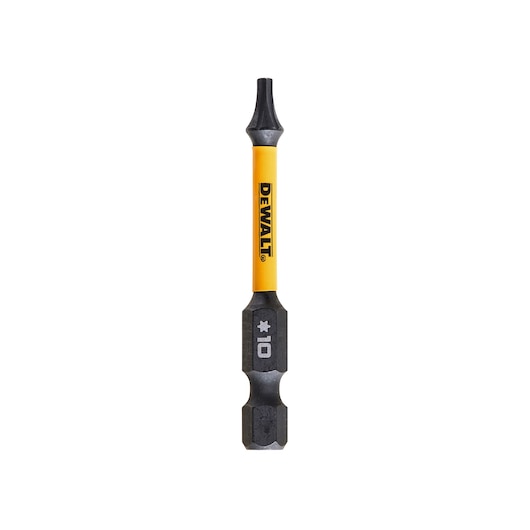 DEWALT DT7393T screwdriver bit with yellow handle and star-shaped tip, size T10, shown on white background.