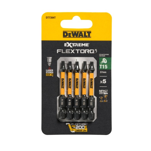 DEWALT DT7394T Extreme FLEXTORQ T15 screwdriver bits pack of 5 for impact driving, 57mm length.