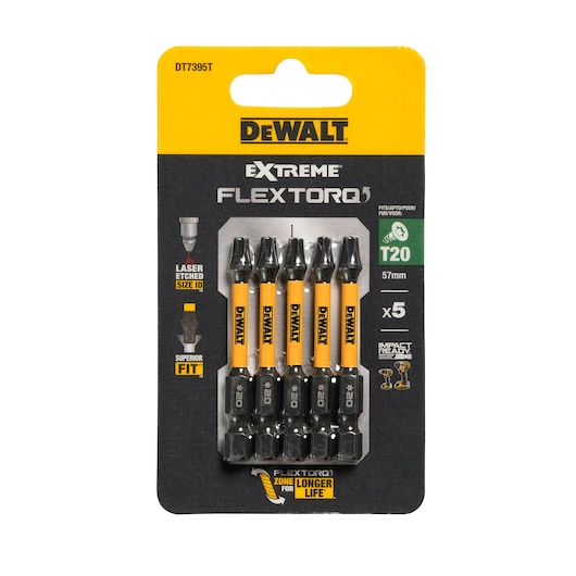 DEWALT DT7395T pack with five Extreme FlexTorq T20 screwdriver bits, 57mm length, impact ready.