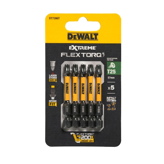 DEWALT Extreme FlexTorq T25, 57mm, pack of 5 screwdriver bits for impact drivers in retail packaging.
