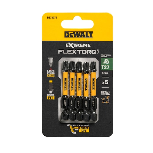 Pack of 5 DEWALT Extreme FlexTorq T27 57mm impact screwdriver bits for longer life and superior fit.