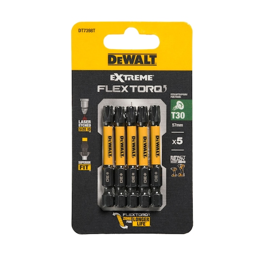 Pack of five DEWALT Extreme FlexTorq T30 screwdriver bits, 57mm length, in black and yellow packaging. The package highlights features such as laser etched size ID, superior fit, and longer life, and is impact ready. Model number DT7398T.