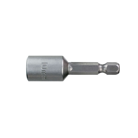 DEWALT DT7403 10mm hex socket drill bit adapter made of metal, shown against a white background.