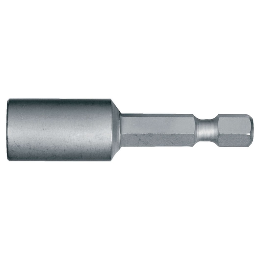 Single DEWALT hex socket driver bit in silver color, designed for power tools. Close-up on white background.