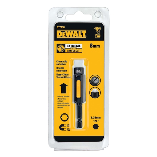DEWALT DT7430 Extreme Impact 8mm easy-clean nut driver in retail packaging, featuring a yellow and black design, with product specifications and features displayed on the front.