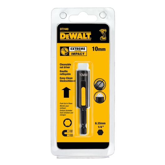 Packaged DEWALT DT7440 Extreme Impact cleanable nut driver, 10mm size. The product is displayed in a yellow and black blister pack with brand logo, nut driver inside, and details about its easy-clean feature and hexagonal 6.35mm (1/4 inch) shank.