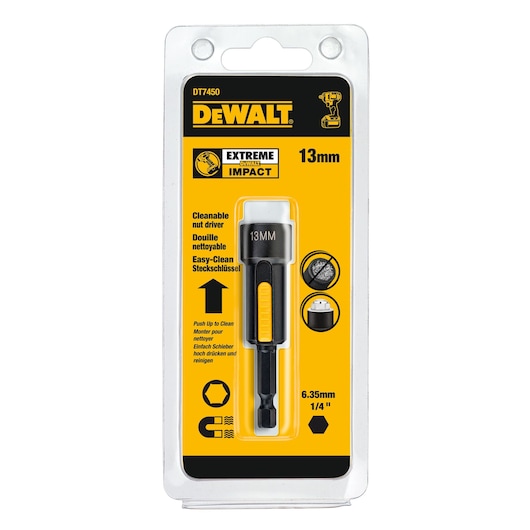 Packaged DEWALT DT7450 Extreme Impact cleanable nut driver, 13mm size, with yellow and black branding. The packaging highlights features such as easy-clean mechanism, 6.35mm (1/4 inch) shank, and magnetic tip.