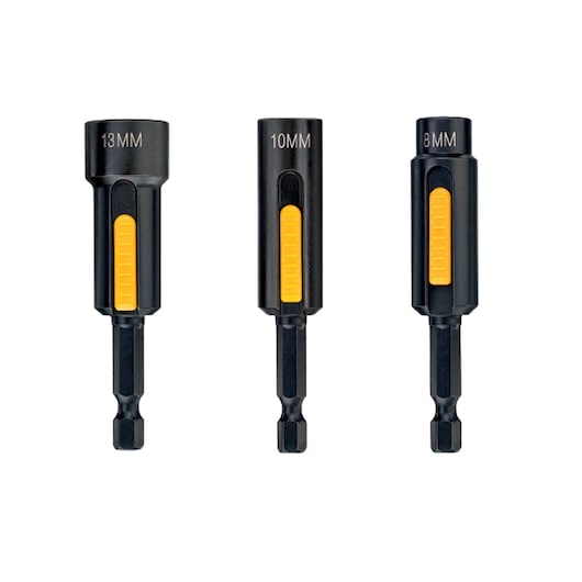 Three DEWALT nut drivers in 8mm, 10mm, and 13mm sizes with yellow grip accents, arranged upright side by side.