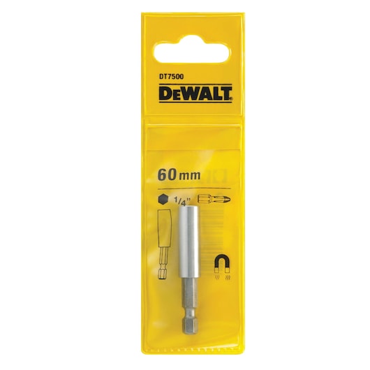 DEWALT DT7500 60mm magnetic bit holder in its yellow retail packaging.