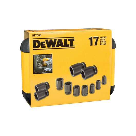 DEWALT DT7506 17-piece socket set box with yellow packaging, showing the brand name, product image, and individual sockets on the front.