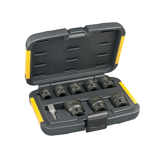 DEWALT socket set in a black case with yellow accents, contains various sockets and a bit adapter.