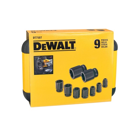 DEWALT DT7507 9-piece socket set in yellow box, product image and tool parts shown on packaging.