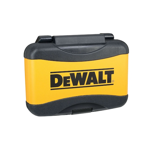 Yellow and black DEWALT hard case with handle, used for storing tools or accessories.