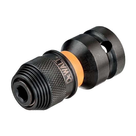 A close-up image of a DEWALT DT7508 drill bit holder with a knurled grip and quick-change mechanism, designed for use with power tools. The product is black with a yellow ring near the grip.
