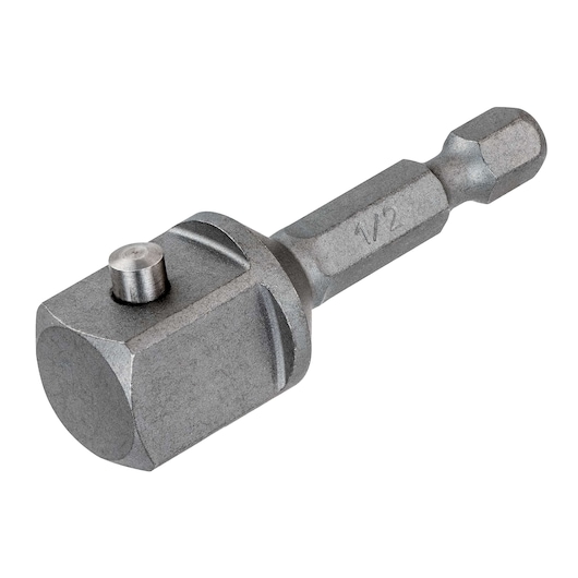 Metal DEWALT DT7512 adapter for drill or screwdriver, hex shank with square socket, close-up view.