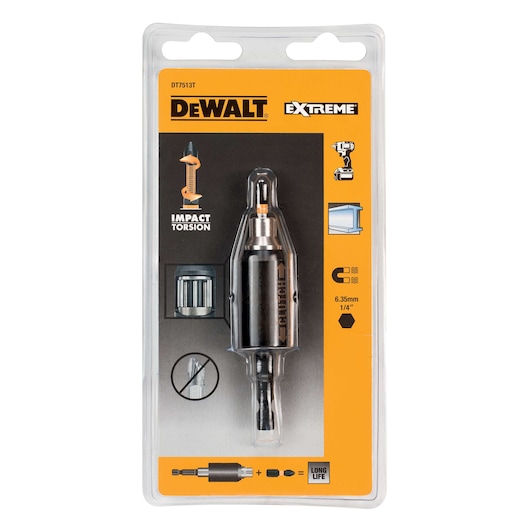 DEWALT DT7513T Extreme impact torsion adapter in retail packaging, designed for use with power drills.