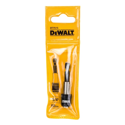 DEWALT DT7515 1/4" 60mm screwdriver bit adapter in yellow retail packaging.