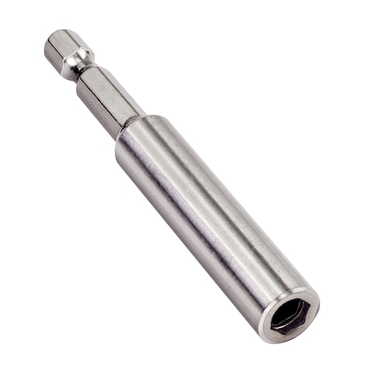 Metal drill bit holder adapter with hex shank and cylindrical body, used for power tools.