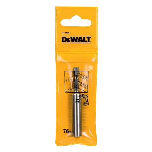 DEWALT DT7520 drill accessory in yellow packaging, 76mm length, shown upright in its sealed pack.