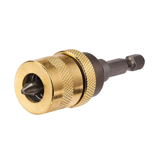 Gold DEWALT quick-change drill bit holder with hex shank and bit, shown on a white background.