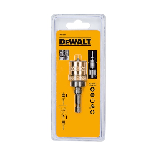 DEWALT DT7521 drill bit holder in plastic packaging with yellow backing and product information.