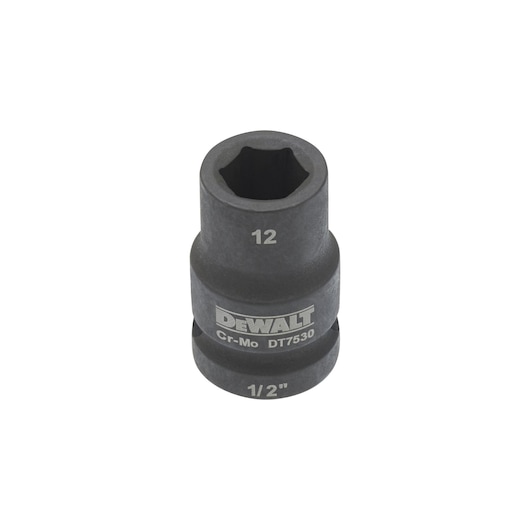 DEWALT DT7530 impact socket, 12mm size, 1/2 inch drive, black finish, designed for use with impact tools.
