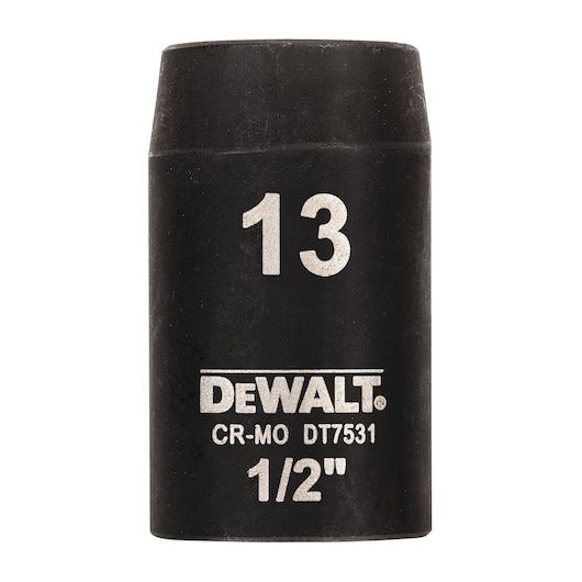 DEWALT DT7531 13mm black impact socket, 1/2 inch drive, labeled with sizes and model number.