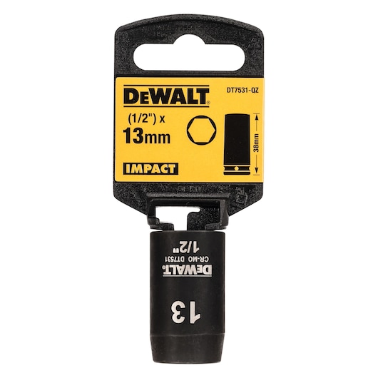 DEWALT DT7531 13mm impact socket in black with yellow packaging, labeled 1/2 inch drive, for tools.