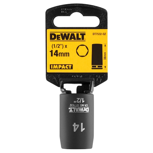 DEWALT DT7532 impact socket, 14mm size, 1/2 inch drive, in retail packaging with yellow label.