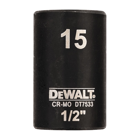 Black DEWALT DT7533 socket, size 15mm, 1/2 inch drive, cylindrical and labeled with white text.