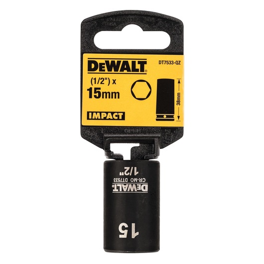 DEWALT 15mm impact socket, 1/2 inch drive, DT7533 packaging, black and yellow tool accessory.
