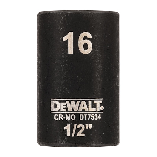DEWALT DT7534 16mm impact socket, 1/2 inch drive, black metal, product for mechanical work.