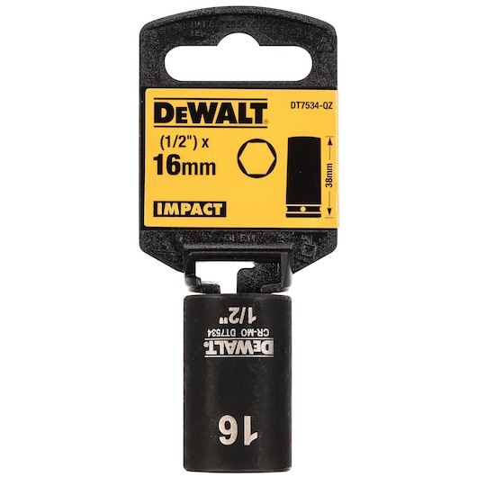 DEWALT 16mm impact socket, 1/2 inch drive, product DT7534, shown in retail packaging.