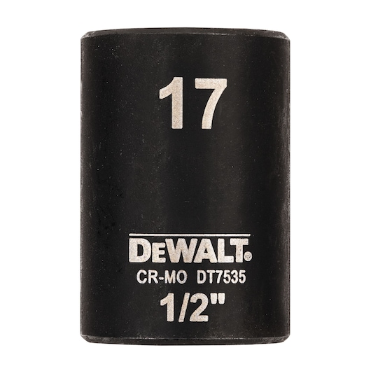 DEWALT DT7535 17mm black 1/2" impact socket shown upright with white branding and size markings.