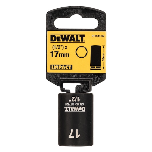 DEWALT 17mm impact socket, 1/2 inch drive, in black with yellow packaging, SKU DT7535, for photography accessory use.