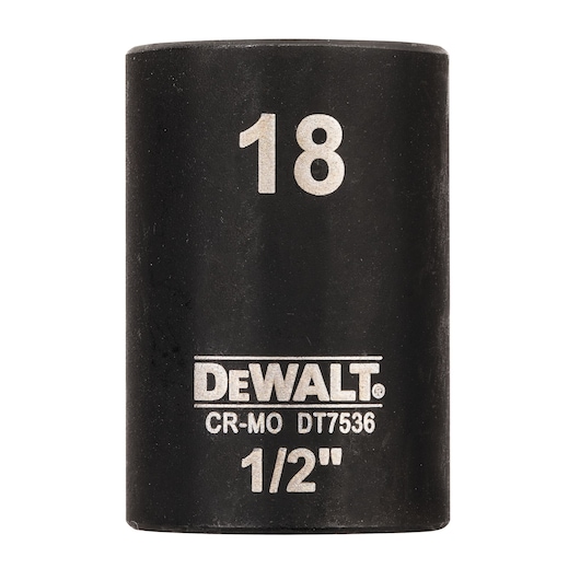 DEWALT DT7536 18mm 1/2 inch black impact socket for tools, cylindrical shape with white markings.