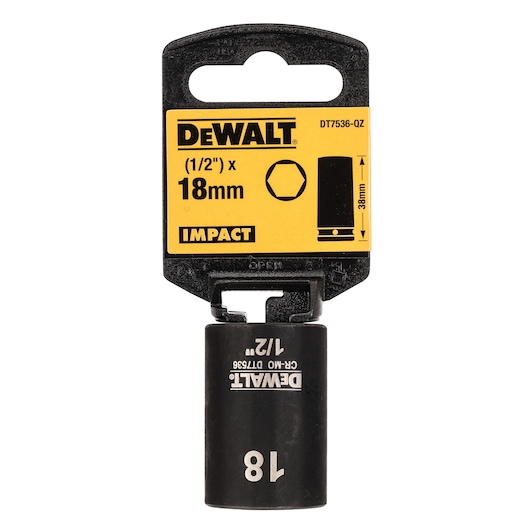 DEWALT 18mm impact socket, 1/2 inch drive, DT7536, in retail packaging with yellow label.