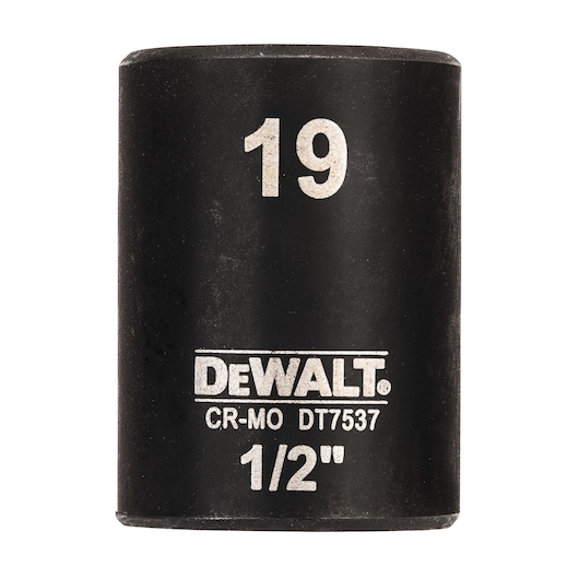 DEWALT DT7537 19mm 1/2 inch impact socket in black with white markings, cylindrical shape.