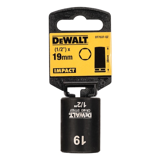 DEWALT 19mm impact socket DT7537 for 1/2 inch drive, black, with yellow label for easy identification.
